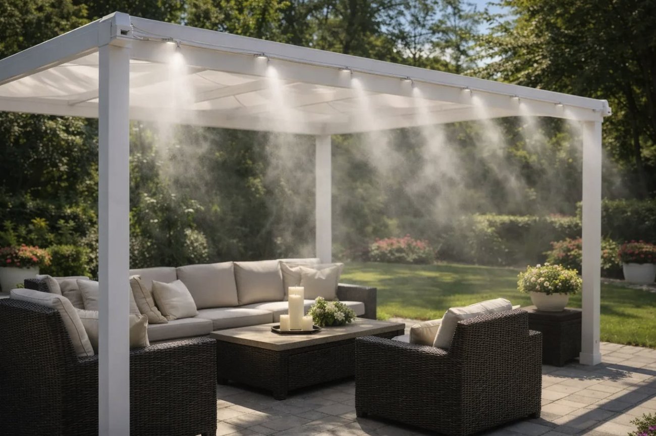 High-pressure misting system cooling an upscale patio