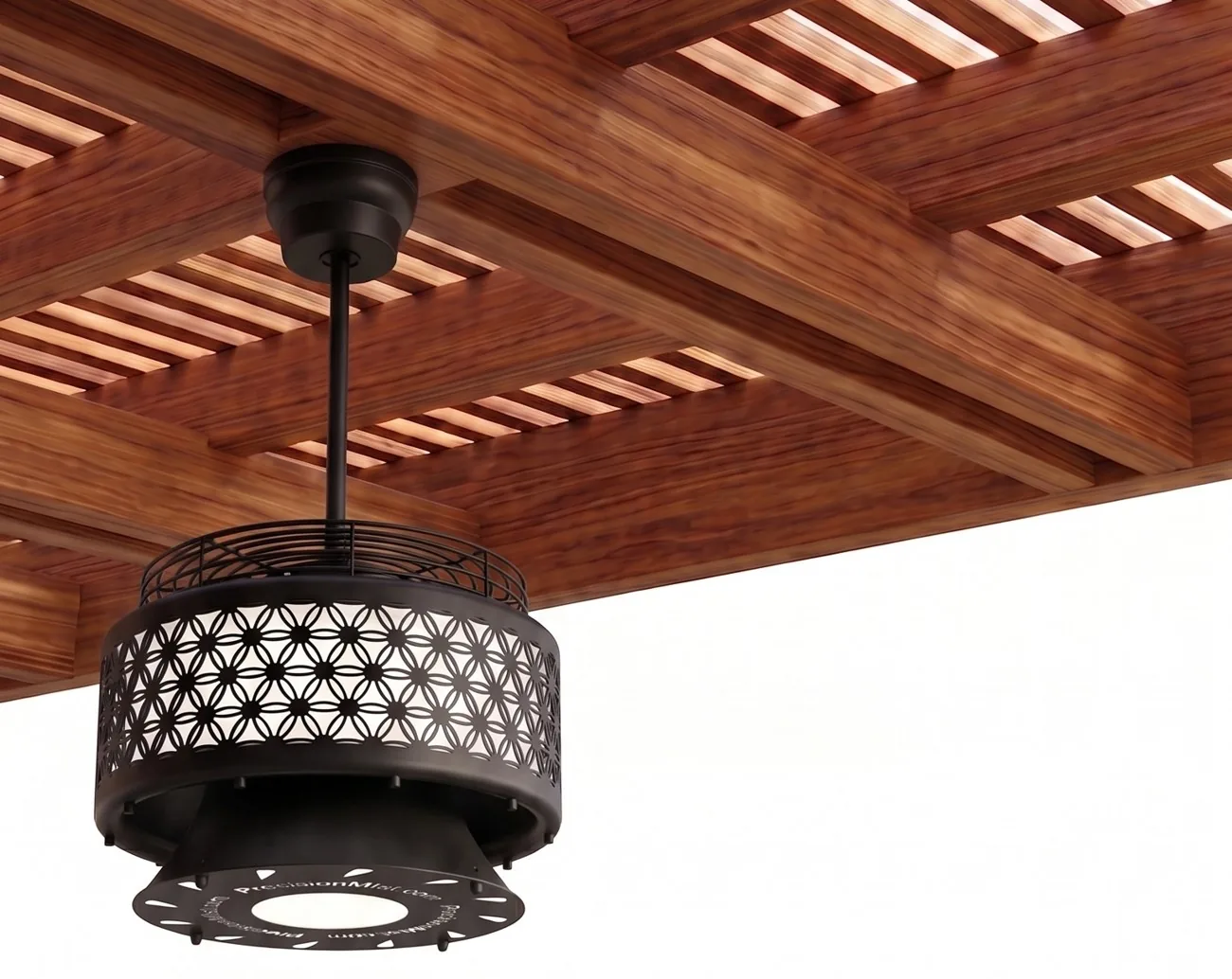 Luxaire ceiling misting fan mounted to a wood pergola patio roof