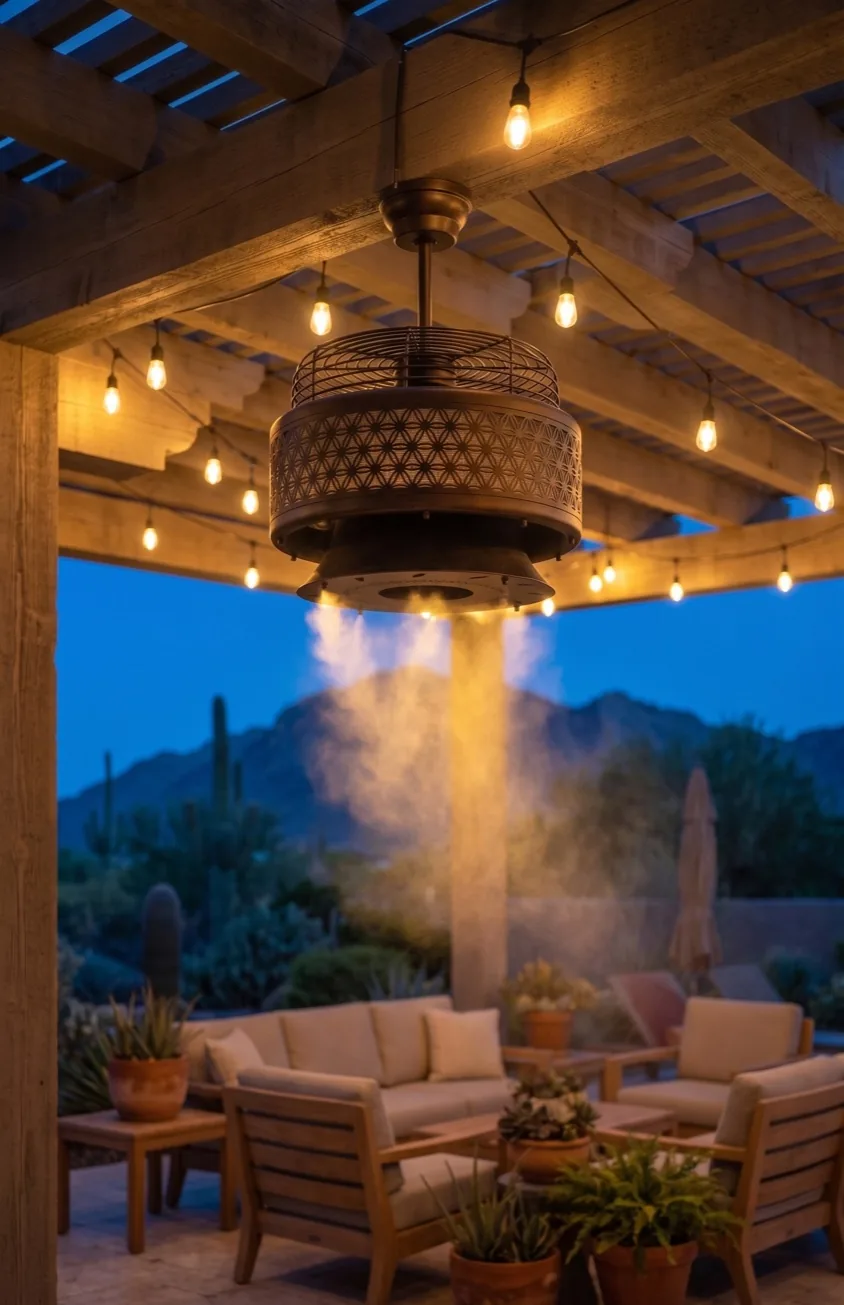 Misting fan glowing at night with string lights