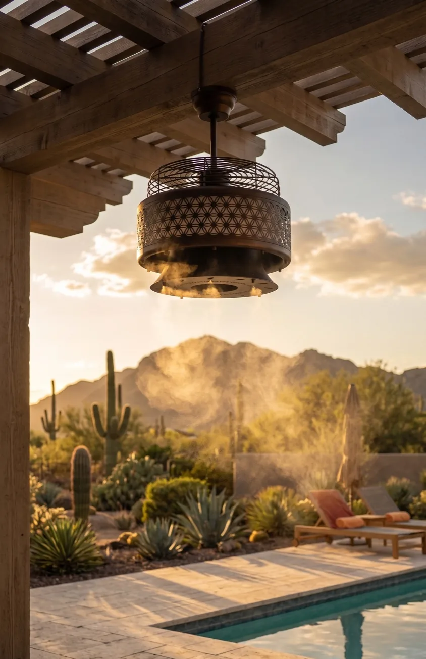 Misting fan cooling a desert patio at sunset